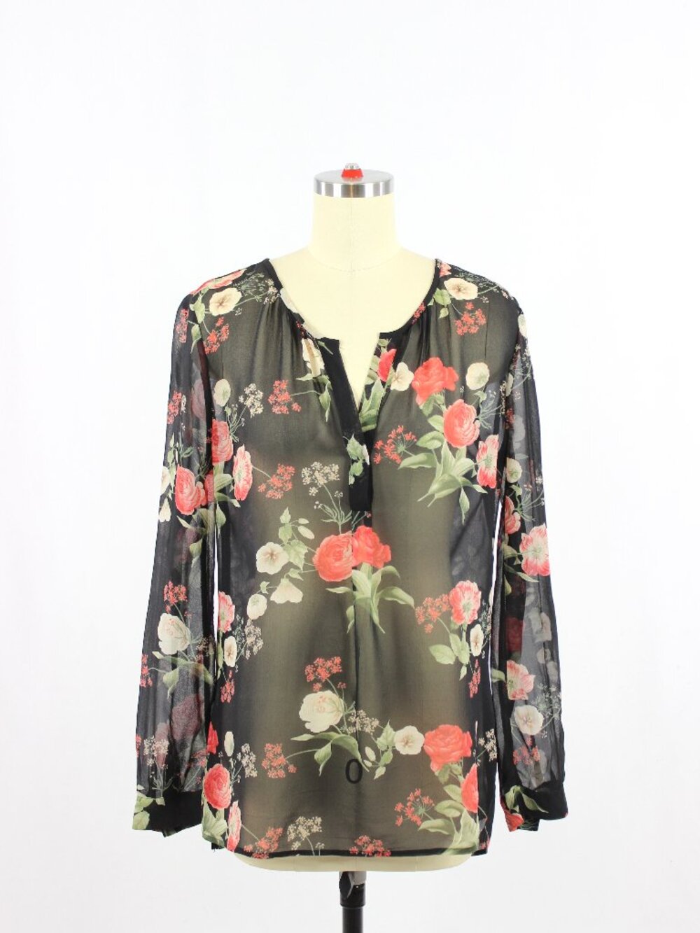 JOIE Maurelle Black Floral Print 100% Silk Georgette Popover TunicBlouse, Size L
